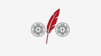 Flat vector illustration of film reels balanced with an editorial ledger quill in crimson and silver