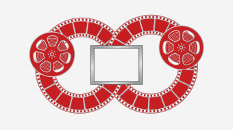 Flat vector illustration of crimson and silver cinema film strip framing an exposed frame