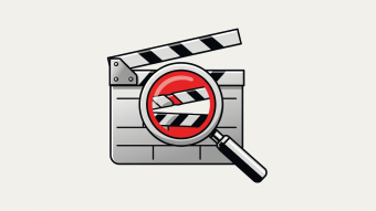 Flat vector illustration of a clapperboard inspected by a crimson magnifying lens in silver and black
