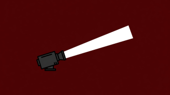 Flat vector graphic of cinema projector light beam cutting across deep dark crimson background